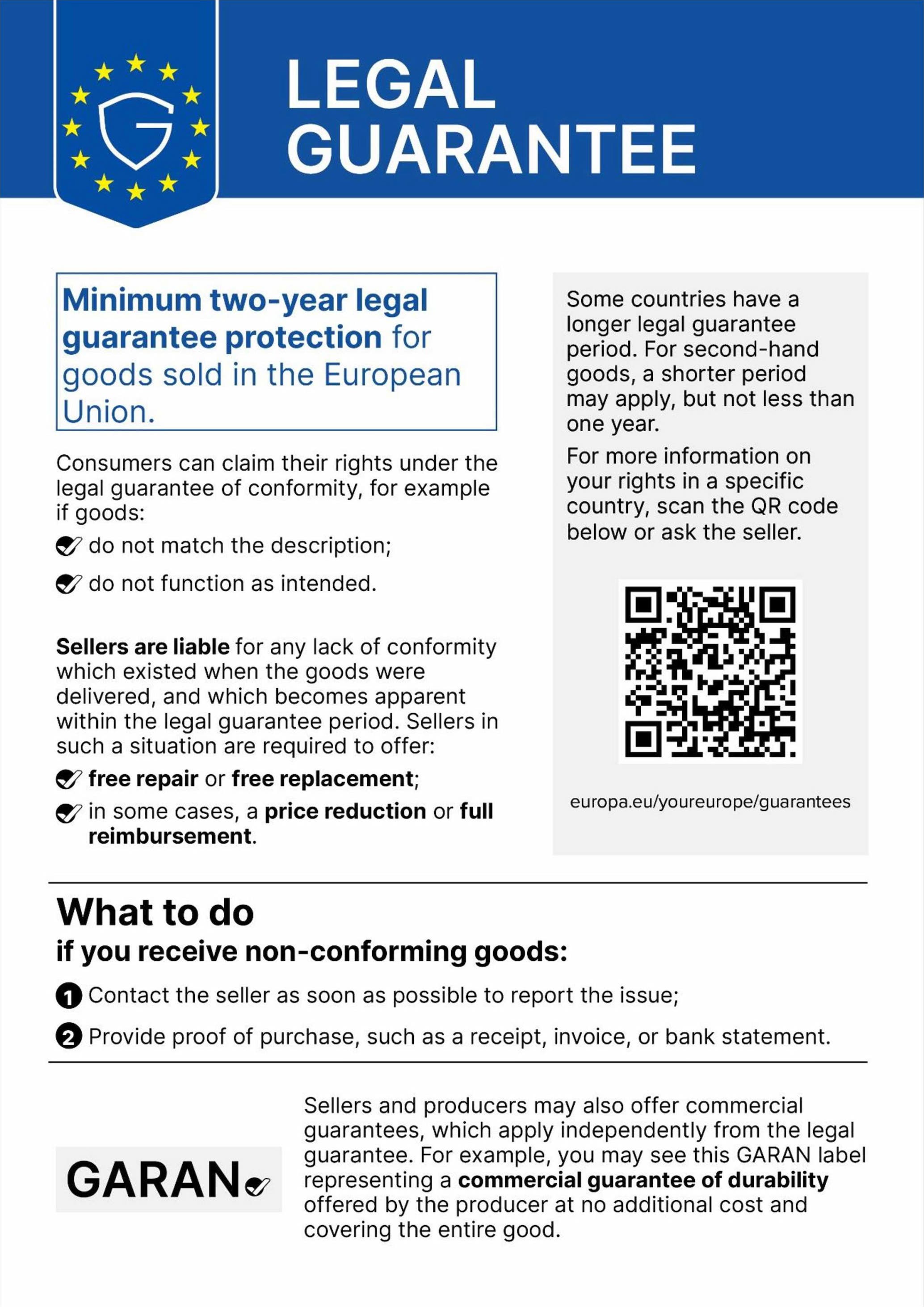 Your legal guarantee rights – Further information is available at europa.eu